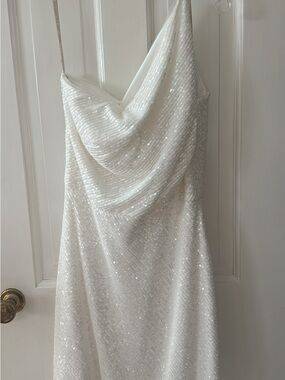 Jenny Yoo White Sequin Asymmetrical Cowl Slip Dress